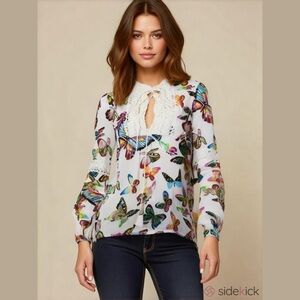 Tory Burch Women’s White Cotton Butterfly V-neck Long Sleeve Blouse